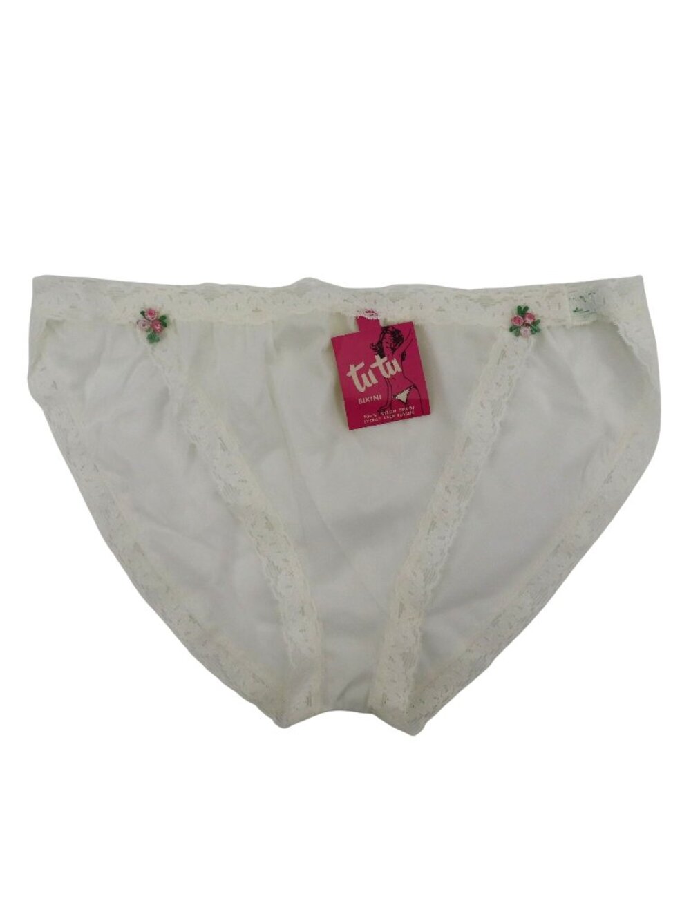 VTG Tutu Bikini Women 7 Panty Solid White Pink Rosette Rose Lace Trim 1950s NEW